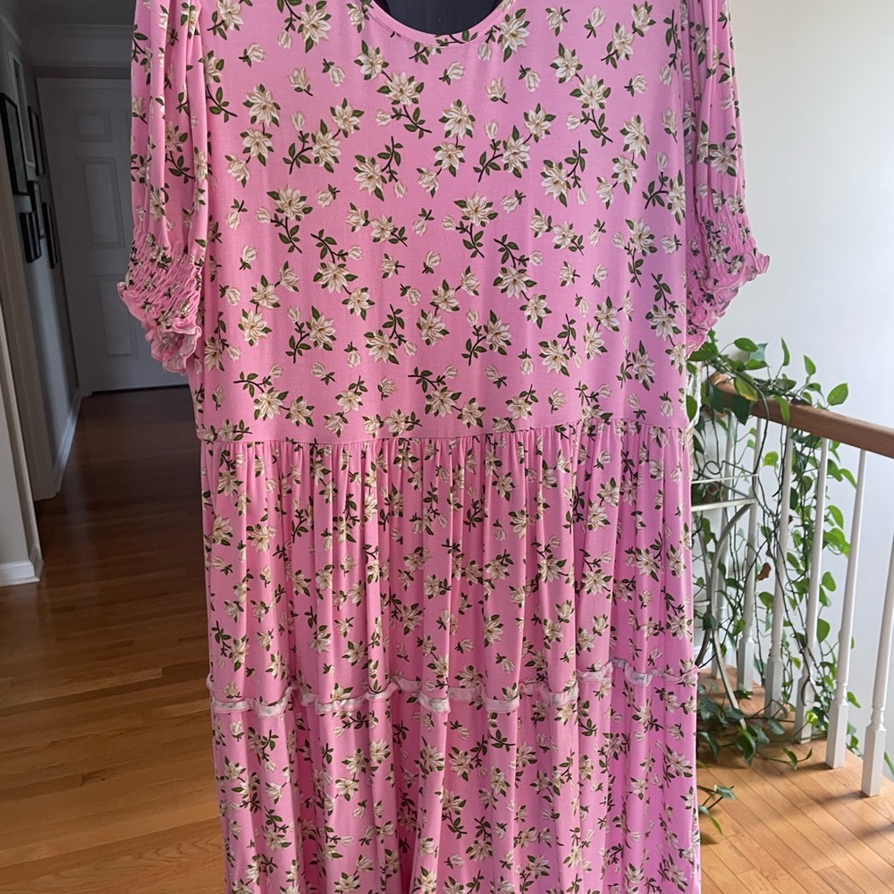 Pink Floral Tiered Midi Dress